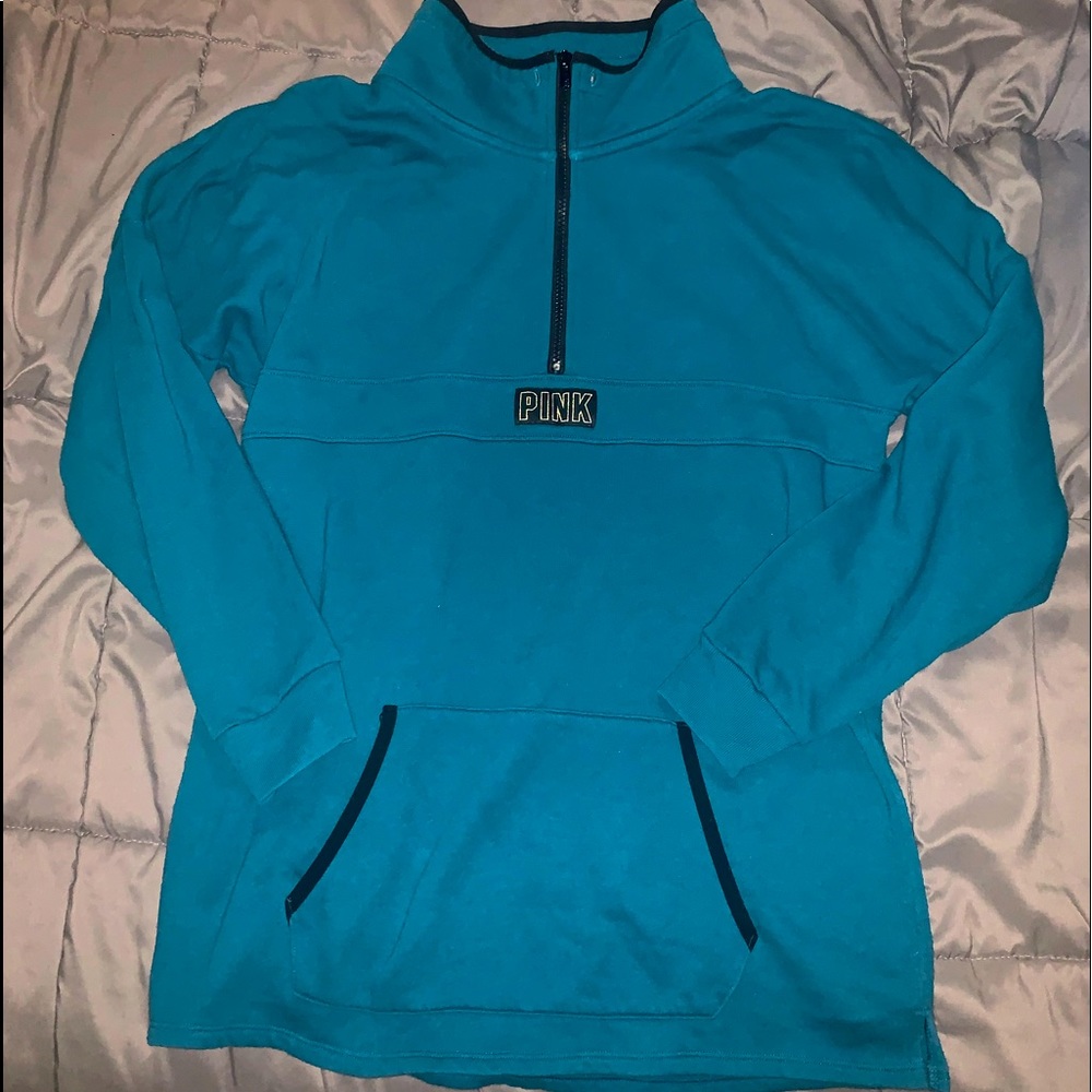 VS PINK Warm Teal Black Oversized Quarter Zip Sweater Sweatshirt Jacket M
